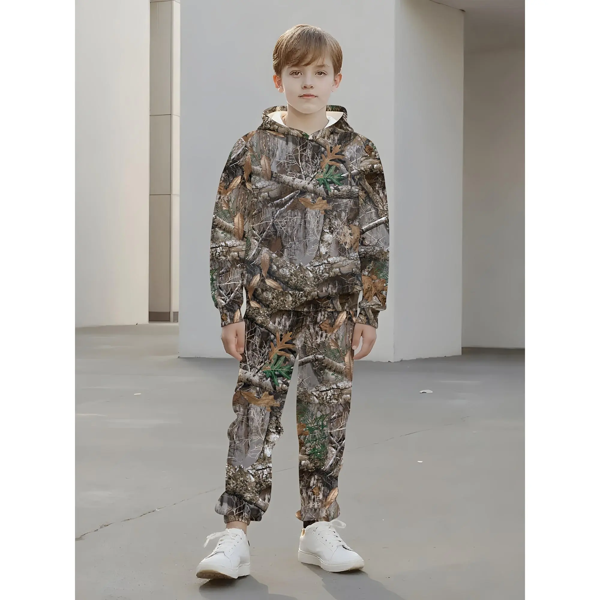 Boys' Long Sleeve Hoodie and Sweatpants Set, Casual Polyester Blend 2-Piece Tracksuit with 3D Tree Pattern for Fall & Spring (Ages 11-13Y), 3D Random Tree Print, Random Print