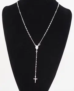 925 Sterling Silver Diamond Cut Italian 4mm Rosary Beads Chain with Cross Necklace 22" Rosario