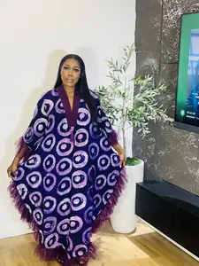 Mimi Oversized Adire Crepe Boubou Dress with Mesh Trim | One Size Fits S–3X