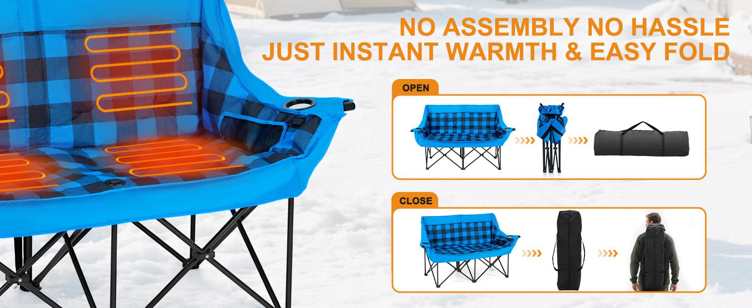 SLSY XXL Oversized Heated Double Camping Chair, Folding 2 Person Camping Couch Loveseat,Heating Padded Chairs with 3 Heat Levels Carrying Bag Lawn Chairs