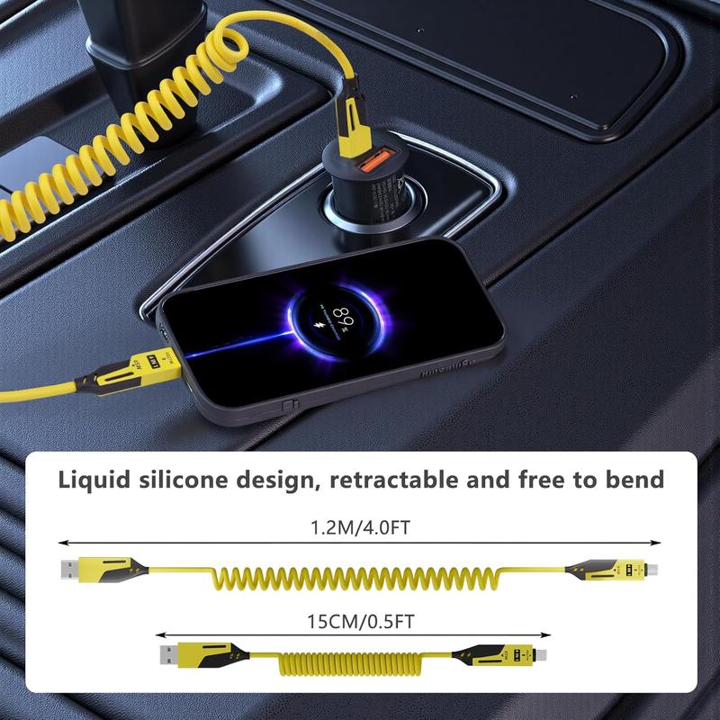 4 in 1 Spring Fast Charging Cable, 65W USB-C PD Multi Fast Charging, Universal USB Charger Cable 1.2m/4ft Coiled Retractable Cable  Fast Car Charging & Data Sync for iPhone Samsung Laptop