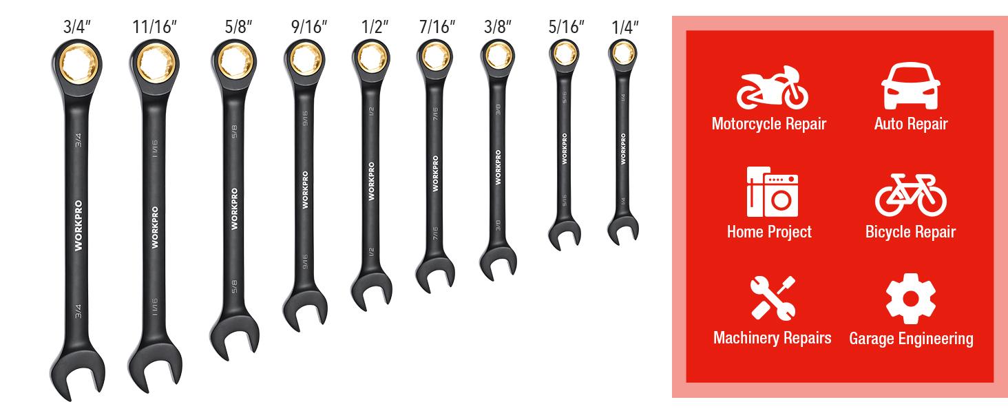 #SpringGlowUp WORKPRO 9-Pack Anti-Slip Ratcheting Combination Wrench Set, 72-Teeth, Cr-V Constructed, Black Ratchet Wrenches Set with Roll Up Pouch