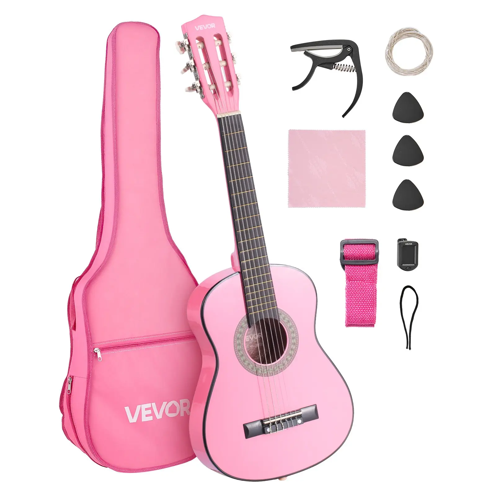 【Summerfinds】VEVOR 30 In/780 Mm Wooden Classical Acoustic Guitar Full Set Hand Tool Kit, Durable Basswood Starter Kit with Nylon Strings, Gig Bag, Strap, Tuner, Extra Strings, Picks, Capo, Dust Cloth for Beginners, Girls, Easy & Accurate Tuning, Pink, Cla