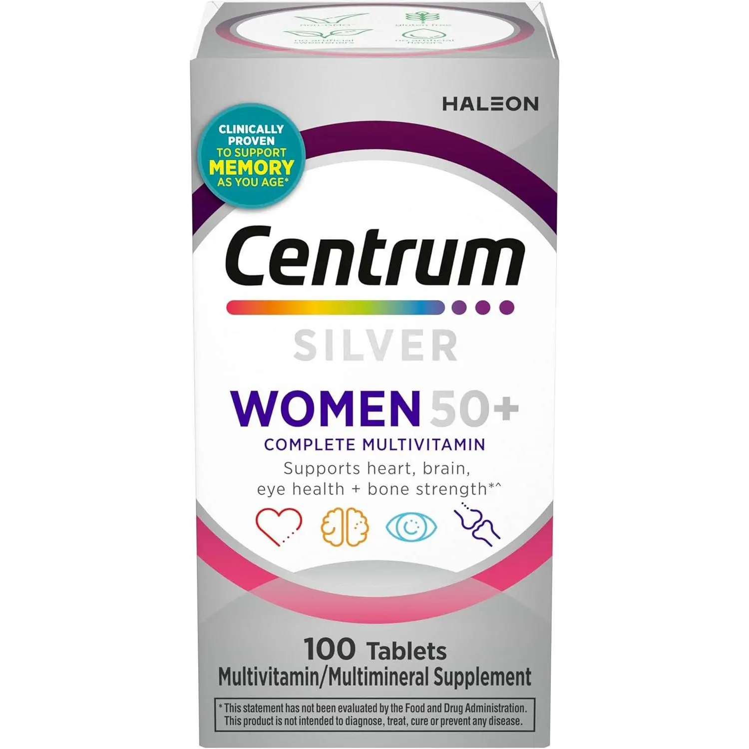 Centrum Silver Women's 50+ Multivitamin Tablets - Haleon US Services Inc. Doctor-Formulated, Clinically Tested B12 Vitamins, Anti-Aging Supplement Routine with Vitamin D3, Iron, Zinc, Non-GMO Antioxidants, Memory Boost Support - 100 Ct