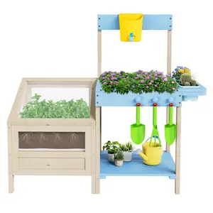 Outdoor Wooden Mud Kitchen Playset for Kids Ages 3+ – Includes Potting Bench with Garden Bed, Clear Planter Box, Removable Sink & Faucet, Gardening Tools & Storage Shelf