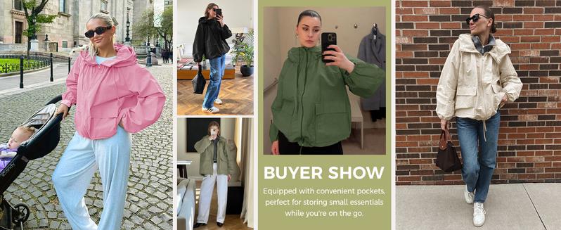 Fisoew Women's Oversized Lightweight Jacket Hooded Trench Coat Windbreaker Waterproof Raincoat With Pockets For Outdoor Casual Adjustable Drawstring Waist & Turtle Neck Convertible Hood Check Chic FallFreshness Womenswear Fit polyester trench coat