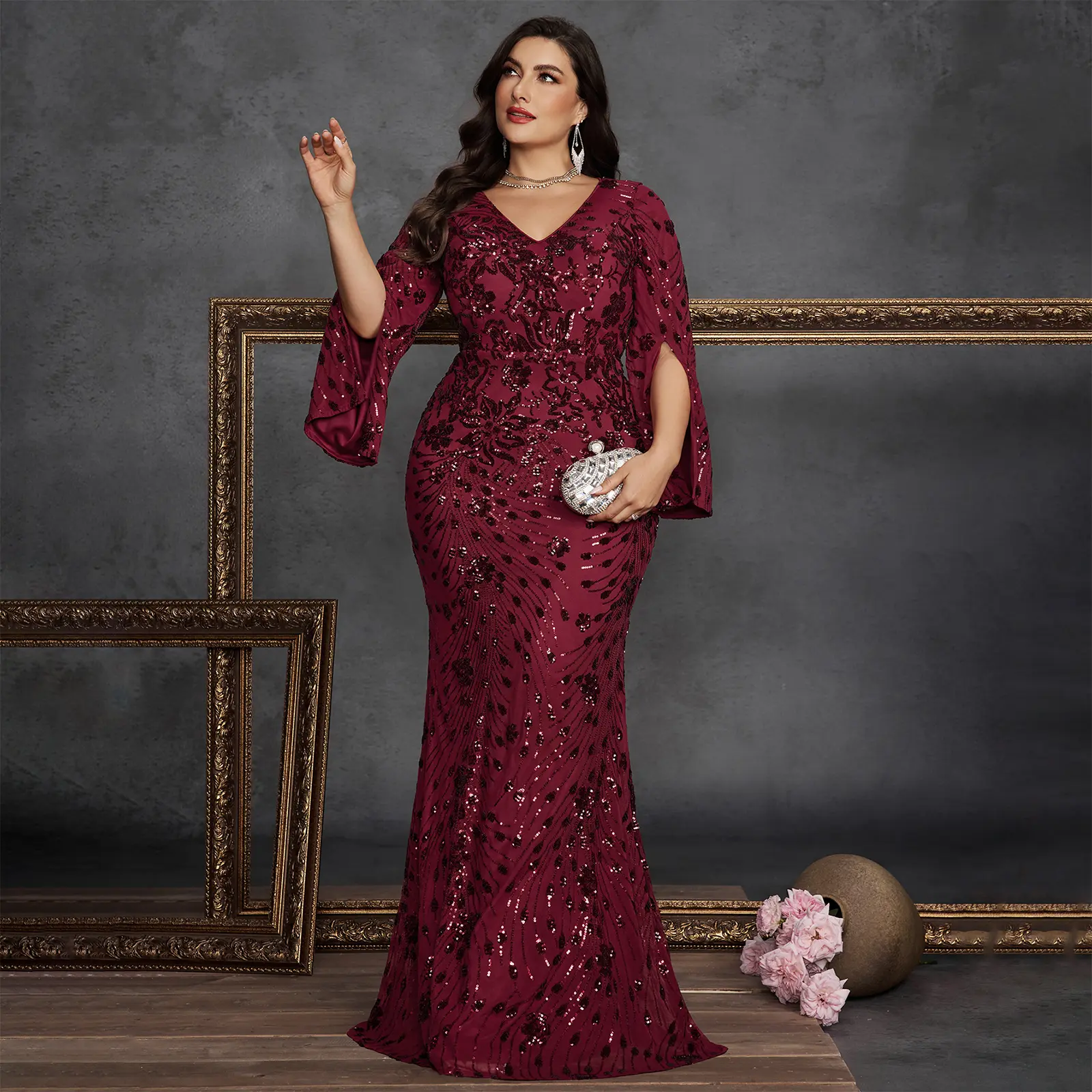 Women's Plus Size Nylon Formal Maxi Dress - V-Neck, Embroidery, Sequins, Cape Sleeves, Split, Zipper - Romantic Option for Wedding, Bachelorette Party