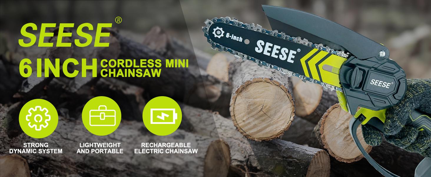SEESE Brushless Mini ChainSaw - Portable Electric Cordless Saw for Wood Cutting, Batteries (2000mAh) ,Pruning, Gardening, Camping - Suitable for Seniors, Women