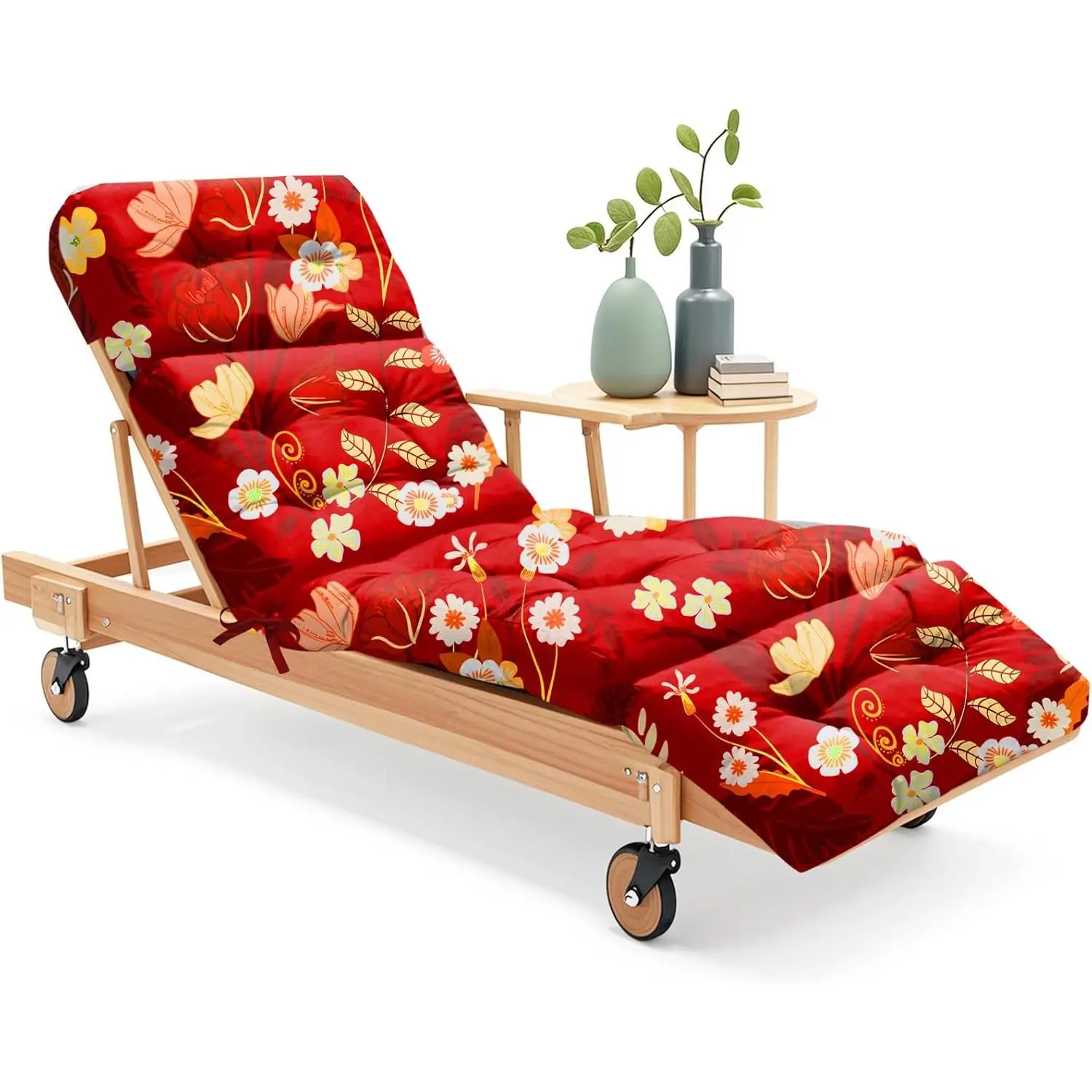 Outdoor Chaise Lounge Chair Replacement Cushion, 75.1x22.8x4.7in - UV Resistant Synthetic Oxford Fabric, High-Density Filling, Non-Slip Particles, Floral Red Peony Print, Extra 2 Straps for Patio Pool Furniture