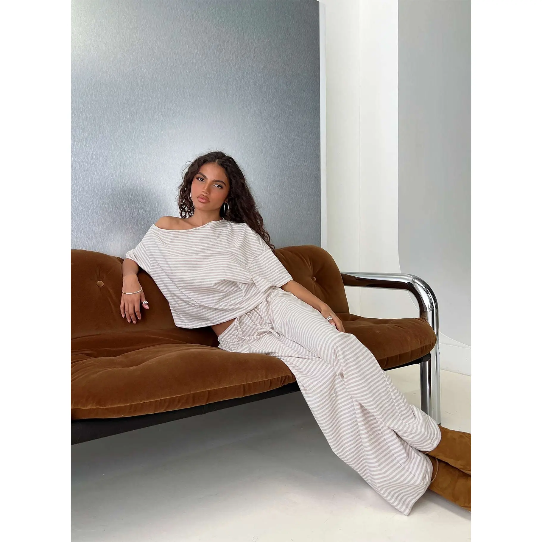 Tobie Off Shoulder Sleep Set Beige Stripe