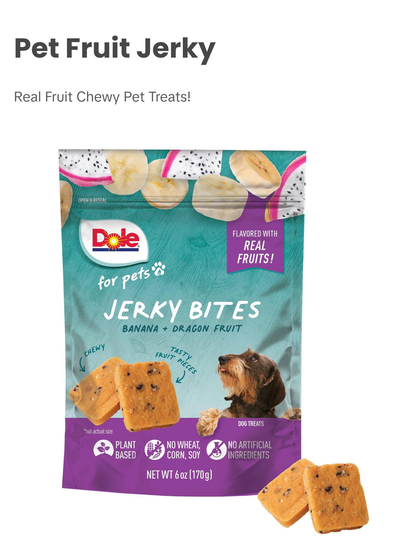 Dole for Pets Fruit Jerky Bites Dog Treats, Banana and Dragon Fruit - Flavored with Real Fruits, No Wheat, Corn, Soy, Artificial Flavors, Colors, or Preservatives, 6 Oz
