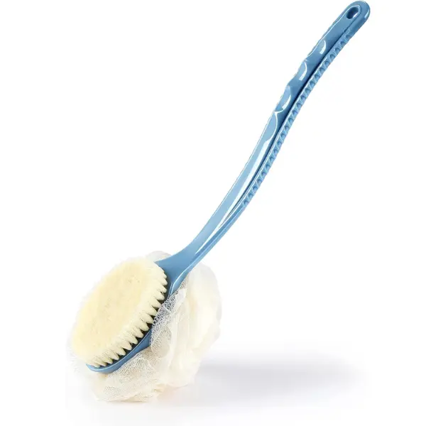 Shower Body Brush with Loofah Sponge Long Handle Back Scrubber for Shower & Bath Dual Sided Exfoliating Brush with Soft Bristles for Deep Cleansing Massage & Skin Care Wet or Dry Use for Men and Women (Blue)