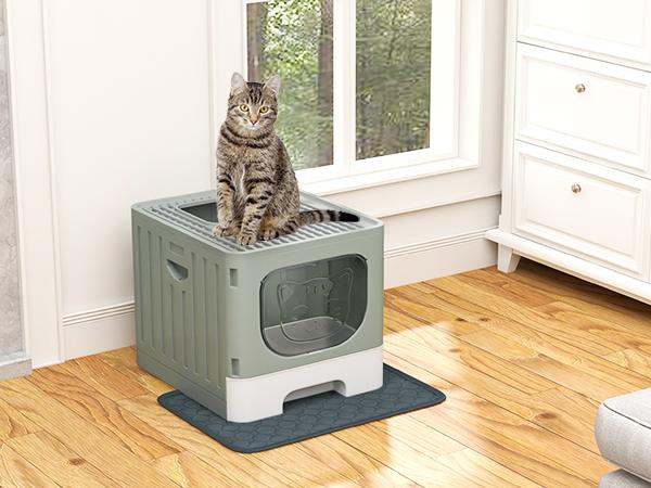 YITAHOME Cat Litter Tray with Lid, Hood-like Odourless Anti-Splash Cat Litter Tray with Drawer Waste Tray,Litter Scoop, Foldable with Hood