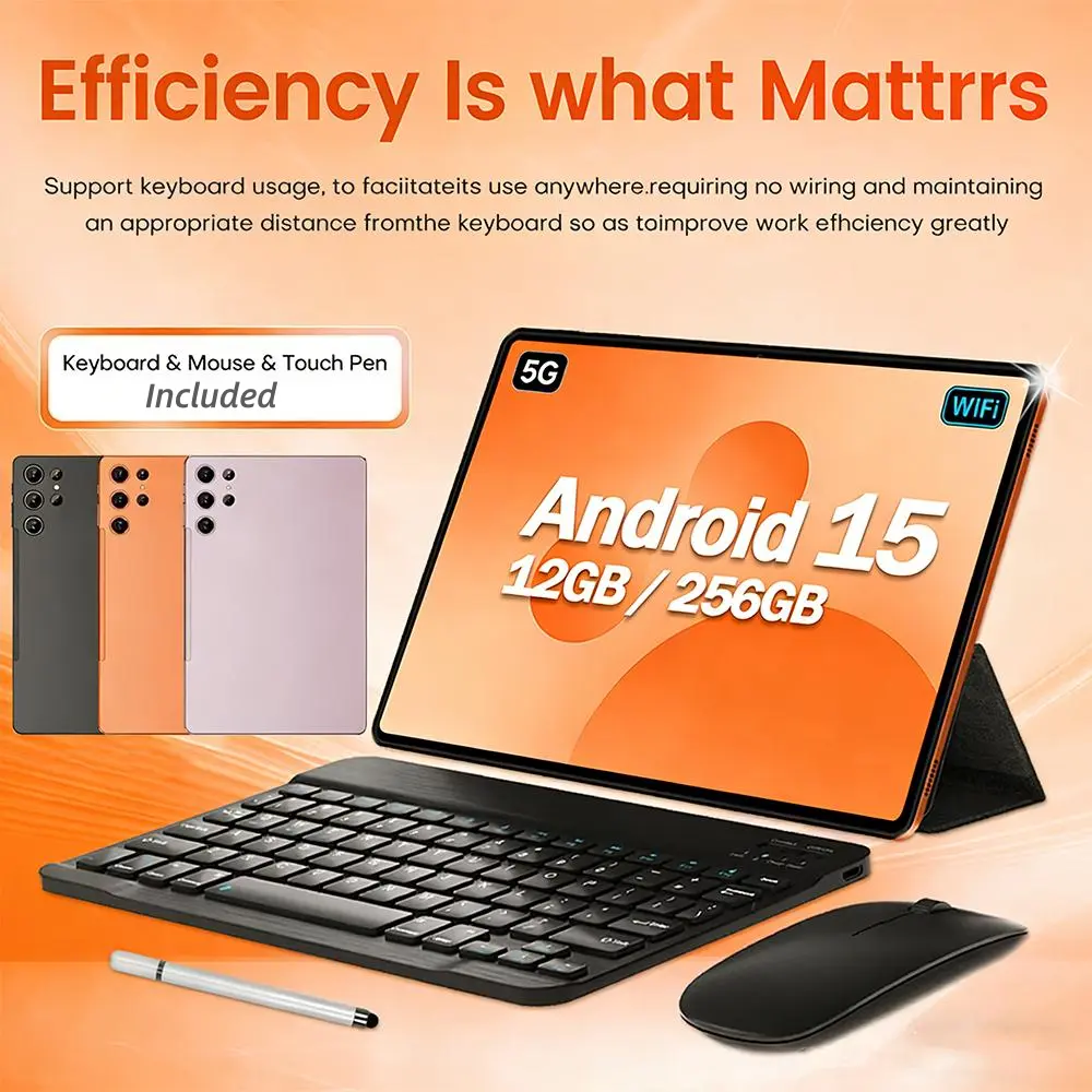 W&O 2026 Touchscreen Android 15 Tablet - 11-in High-Resolution Display, 12GB RAM+256GB Expandable Storage, 10000mAh Battery, 5G WiFi, Portable Device with Keyboard, Mouse, Case, Stylus, Dual Camera, Ideal for School, Work, Valentine’s Day Gift, Touchscree