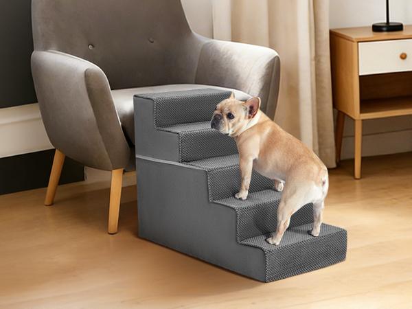 Dog Stairs Ramp for Small Dogs and Cats 5-Step Curved Pet Steps with High-Density Foam for Puppy and Older Cats Indoor Ramp Stairs for Couch High Beds Sofa Chairs Grey
