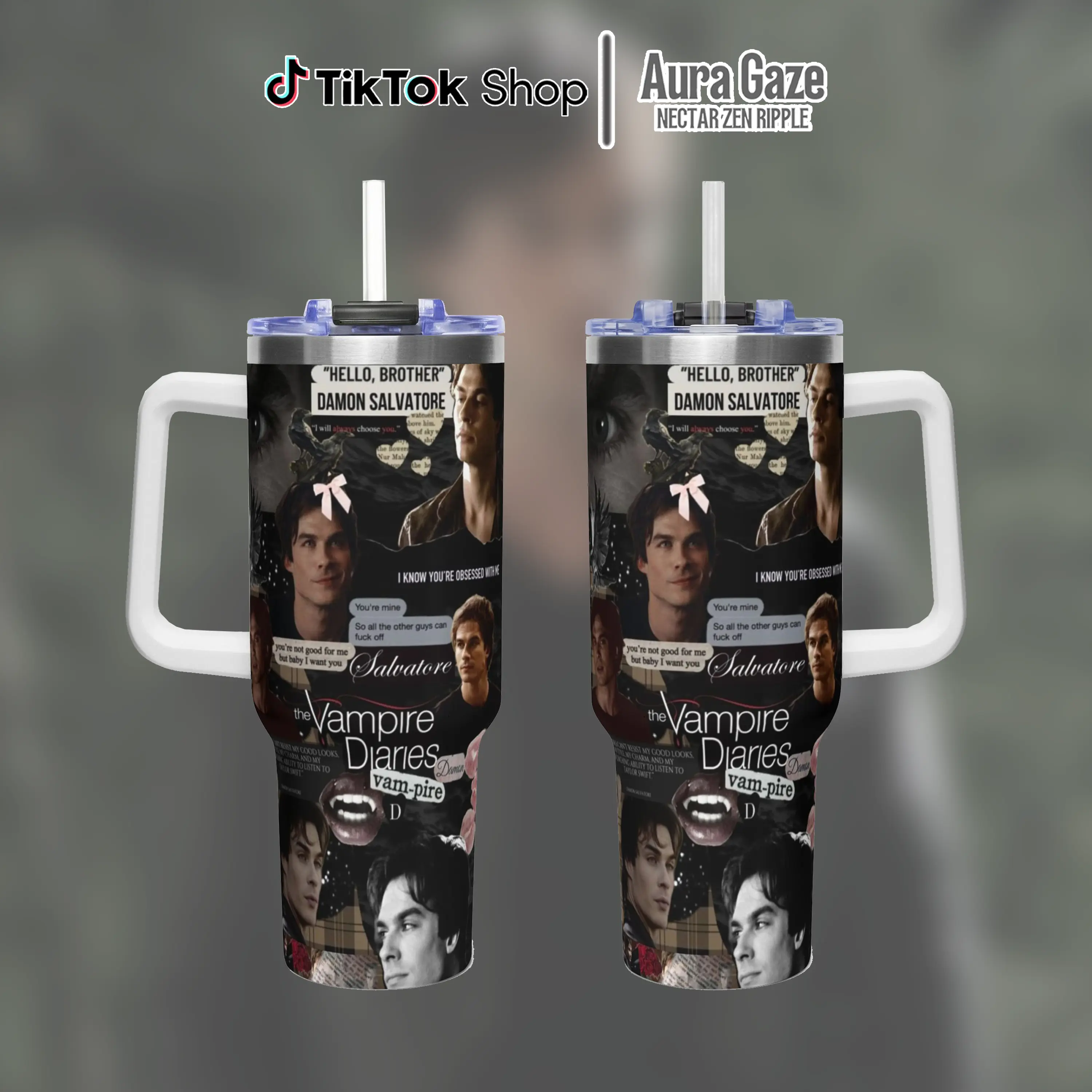 Damon Salvatore Tumbler 40oz – Ian Somerhalder Coffee Cup, Celebrity Crush Gift, The Vampire Diaries Gift For Fan, 40oz Tumbler With Handle
