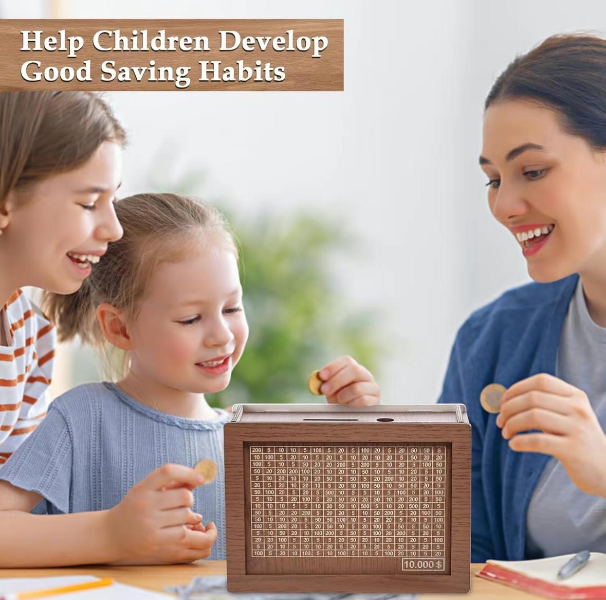 $10,000 Savings Challenge Box, Wooden Cash Vault for Kids & Adults, Money Saving Box with Lid, Birthday Piggy Bank Gift Home Decor