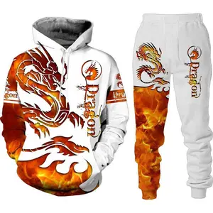 3D Dragon Print Men's Sweatshirt Set Hoodie + Pants Casual 2-Piece Set European and American Streetwear