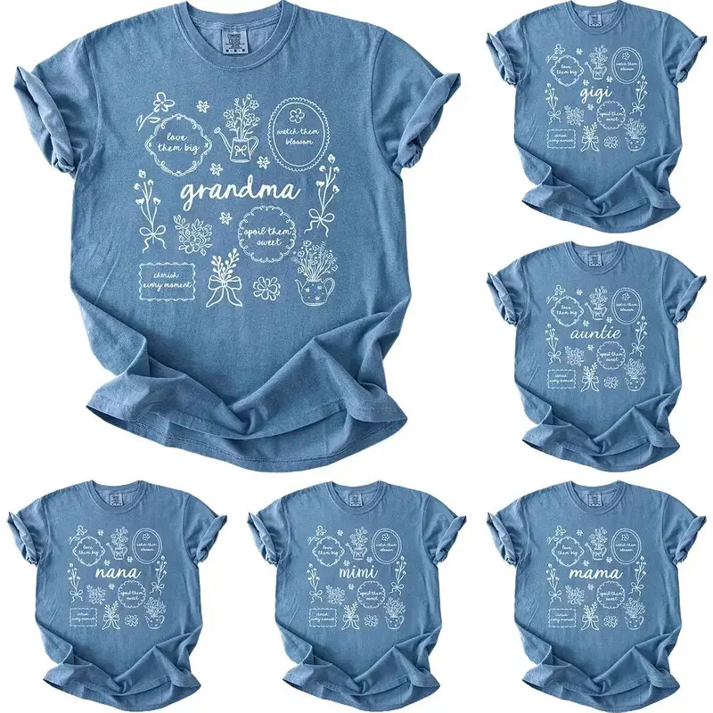 Comfort Colors Custom Floral Grandma T-Shirt, Floral Mama Shirt, Personalized Mothers Day Gift, Nana Auntie Mimi Gigi Grammy Yaya Shirt, Blue Jean Color  - DarkFlex