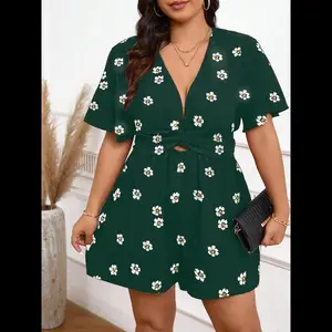 【Plus Size】 Floral Print Tie Shoulder Romper, Casual Off Shoulder Wide Leg Romper for Daily Wear, Women's Plus Clothing for Summer, Overalls