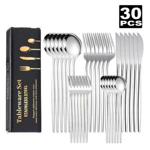 30-Piece Stainless Steel Silverware Set for 6 – Mirror-Polished Knives, Forks, Spoons, Teaspoons & Dessert Forks, Durable and Dishwasher-Safe Metal,Cutlery, Sturdy,Colorful,Stylish Flatware Set with Knives dinnerware service gold kitchen Kitchenware