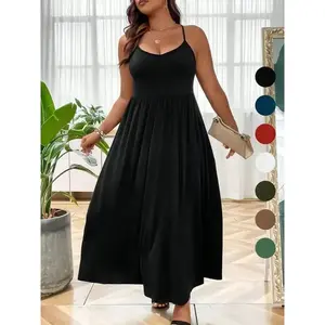 Plus Size Criss Cross Backless Cami Dress, Casual Solid Sleeveless Spaghetti Strap A-Line Dress for Summer, Women's Clothes for Party HolidayGift