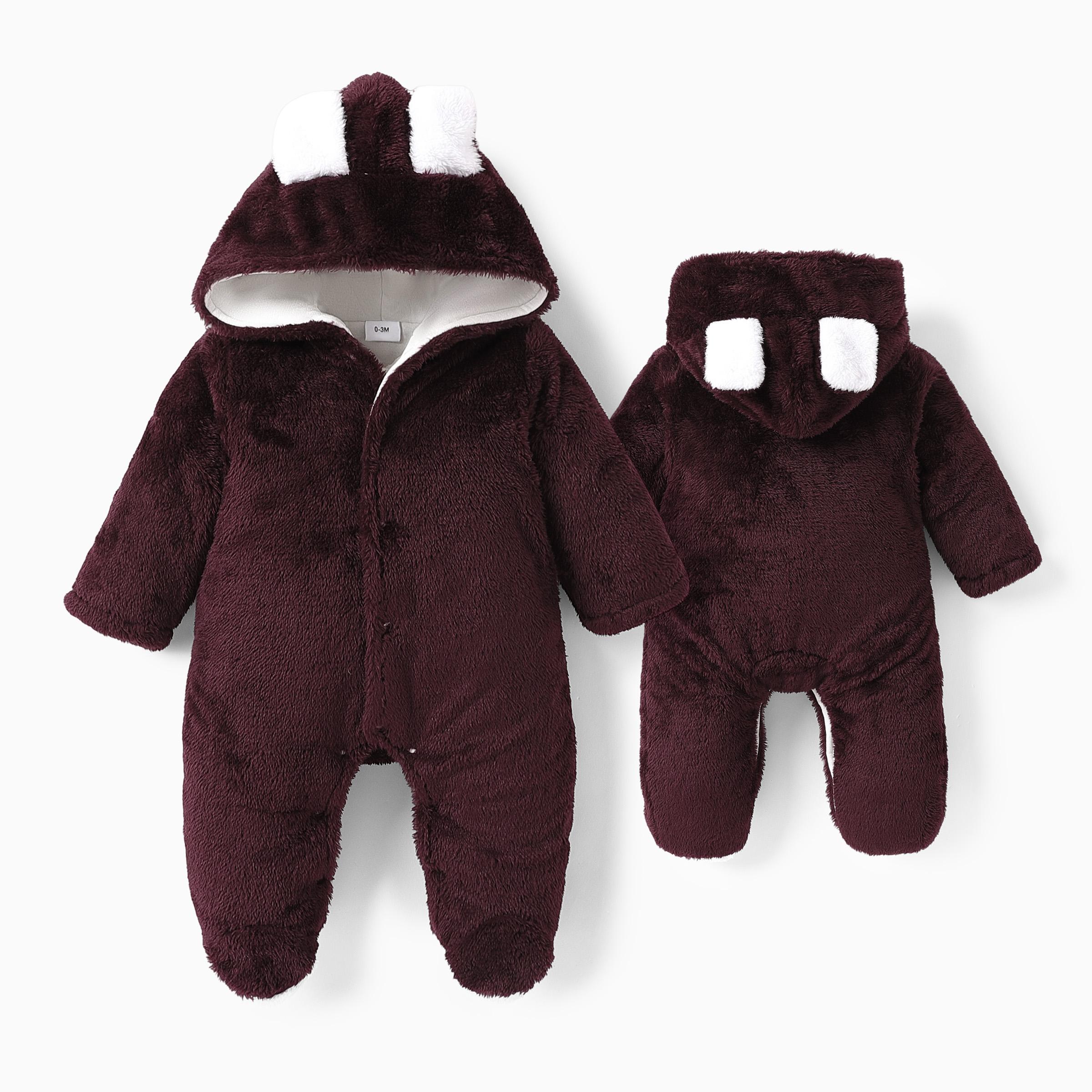 PatPat Baby Boy/Girl Bear Style 3D Ears Hooded Solid Plush Footed Jumpsuit: Soft & Cute for Winter, All-day Snuggle, Keeping Warm & Stylish