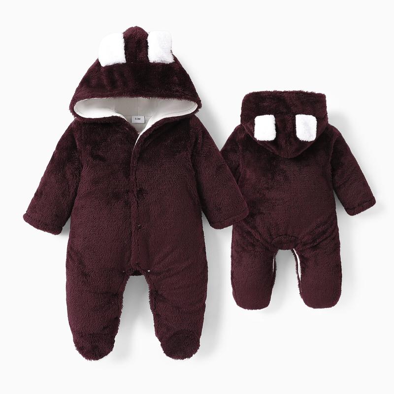 PatPat Baby Boy/Girl Bear Style 3D Ears Hooded Solid Plush Footed Jumpsuit: Soft & Cute for Winter, All-day Snuggle, Keeping Warm & Stylish