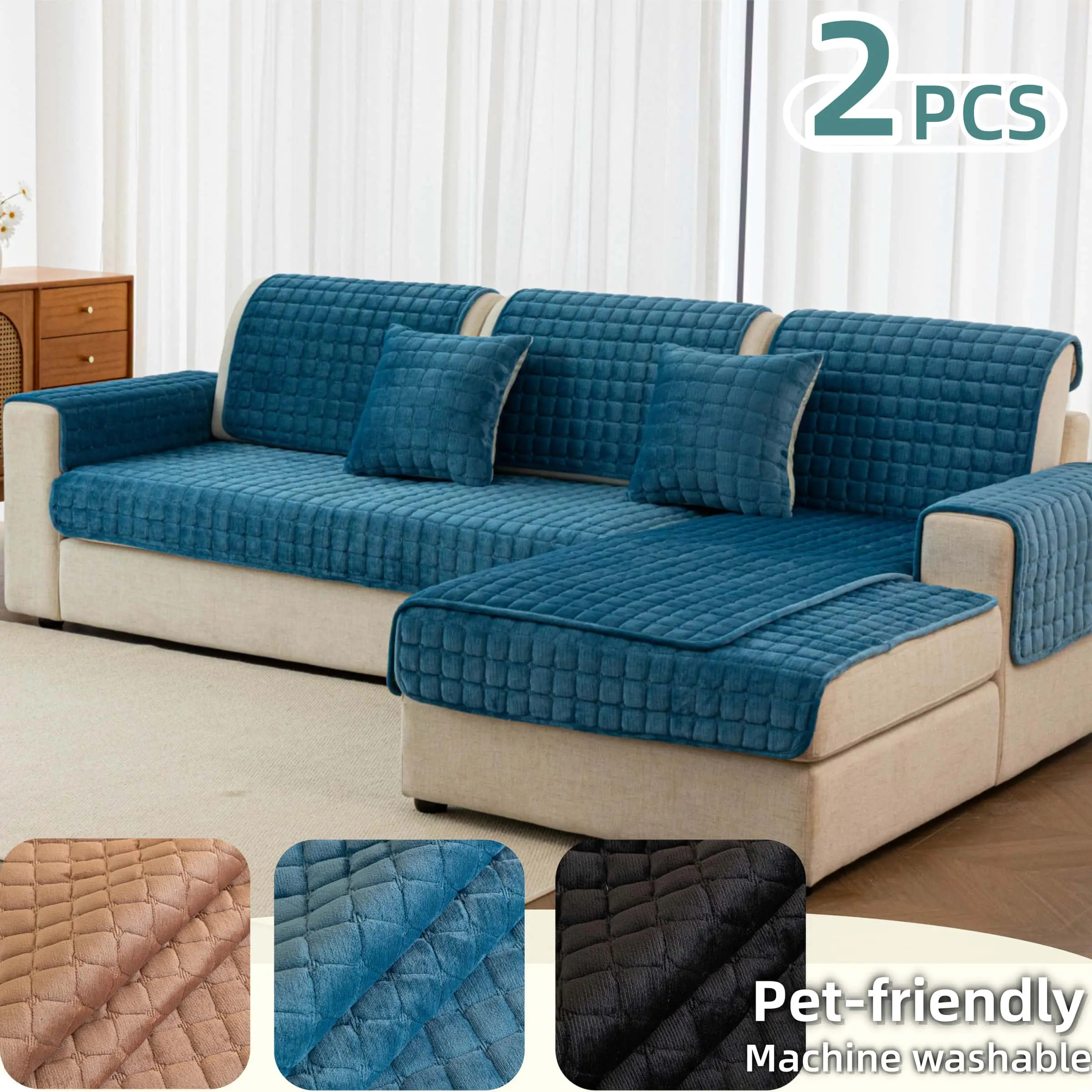2 PCS Thickened Quilted Sofa Covers, Non Slip Couch Cover, Slipcovers, Anti-slip Sectional Couch Covers for Dogs L Shape, Pet-Friendly Machine Washable Couch Seat Pads, for Living Room, Sofa Slipcover Set