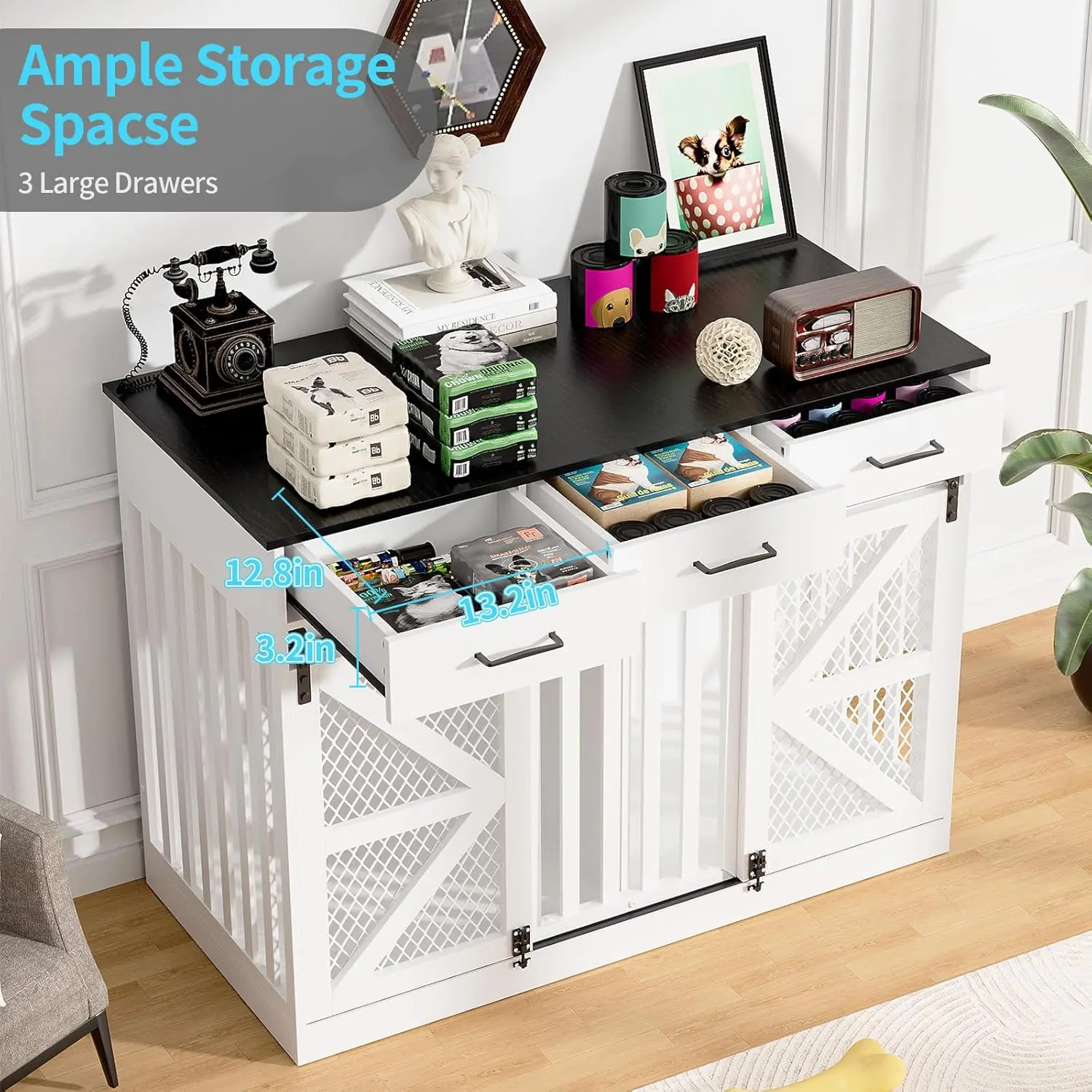 Dog Crate Furniture with Divider, Storage Drawers, Sliding Doors - Rectangle 2-Layer Home Organizer End Table TV Stand, 41.7"l×20.9"w×27"h, 12+ Inches Adjustable Spacious Room, 2-Tone Storage Organization, Double Door