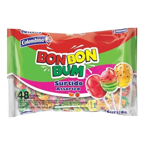 Colombina Bon Bon Bum Assorted Lollipops Fruit Hard Candy, Individually Wrapped Sweet Fruit Pops, 48 Count (Pack of 1)