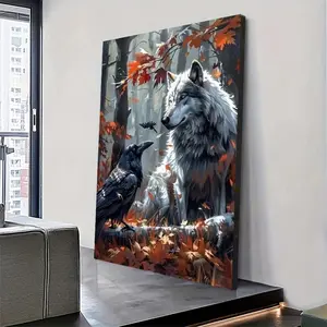 Exquisite Dark Fantasy Wolf And Crow • 2D 1 Unique Solid Wood Frame Art Canvas Poster • Wall Art Decoration • Perfect Gift For Friends And Family • Suitable For Living Room, Office, Bedroom And Other Places • Suitable For All Festivals	