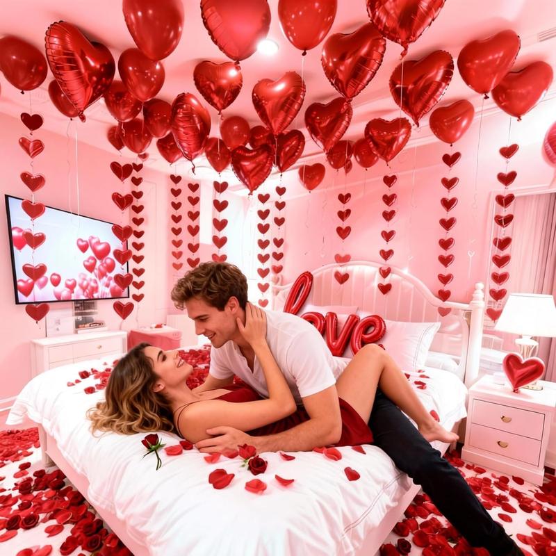 Valentine's Day Decorations Set – 1000 Rose Petals & 31 Red Heart Balloons Kit – Includes LOVE Foil Balloon & Premium Felt Heart Garland – Romantic Room Decor for Anniversary, Proposal, Wedding Night