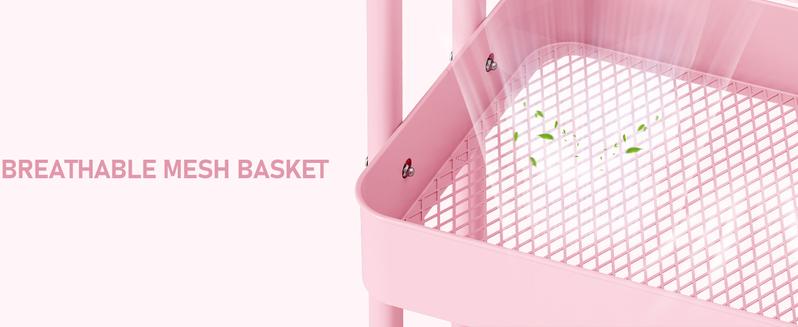 3 Tier Rolling Cart, Metal Utility Cart with 4 Hooks Storage Cart on Wheels Craft Cart with Handle for Organizer Storage for Classroom Office Dorm Home Pink