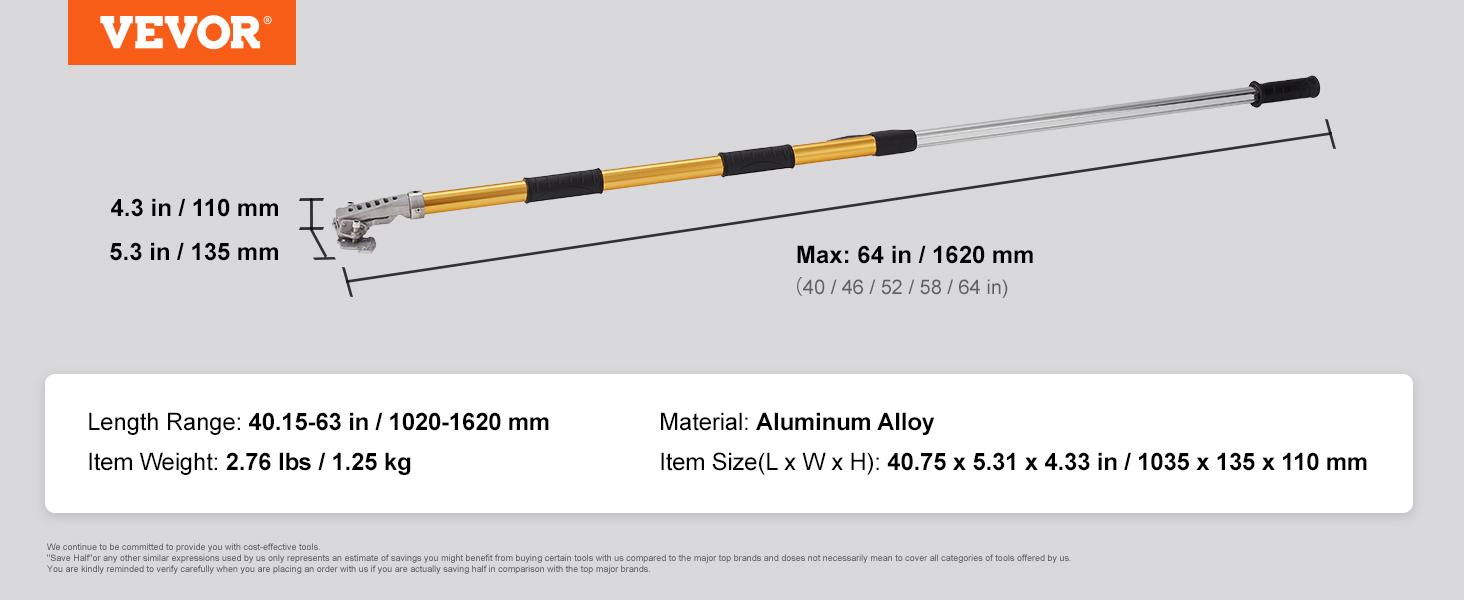 VEVOR Drywall Flat Box Handle,  40''-64'', Anodized Aluminum Flat Finishing Extension Handle, 5-Section Length Adjustable, Non-slip Grip and 360° Painting for Plasterboard, Wallboard, Sheetrock