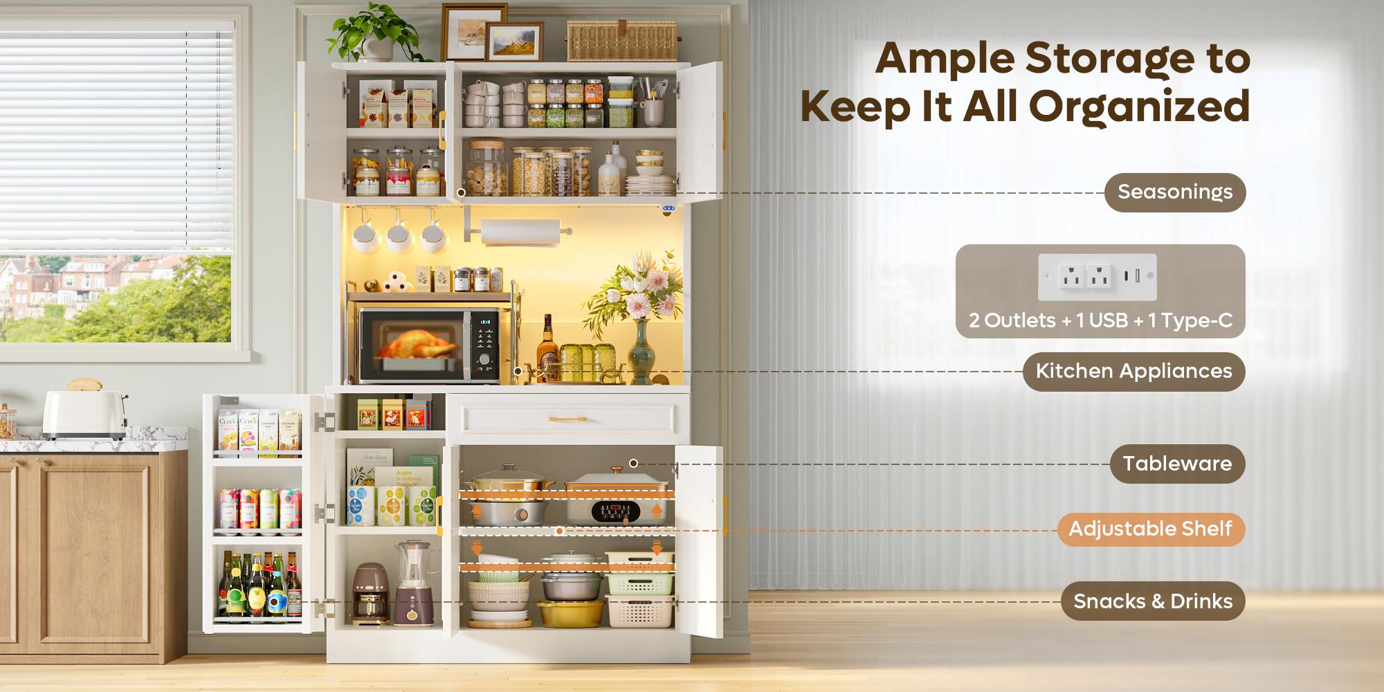 Bestier 71" Kitchen Pantry Cabinet with LED Lights & Charging Station, Freestanding Buffet Hutch with Adjustable Shelves, Hooks & Paper Towel Holder for Kitchen Dining Room