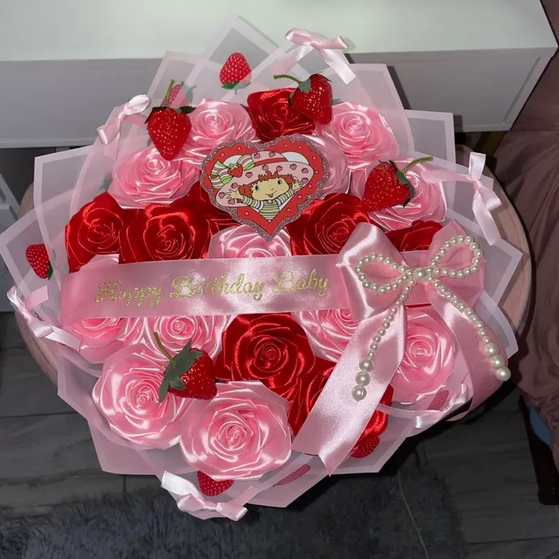 20 Count Eternal Bouquet with Pink and Red Roses, Vintage Strawberry Shortcake Theme, Character Elements, Decorative Floral Arrangement Fruit Plants