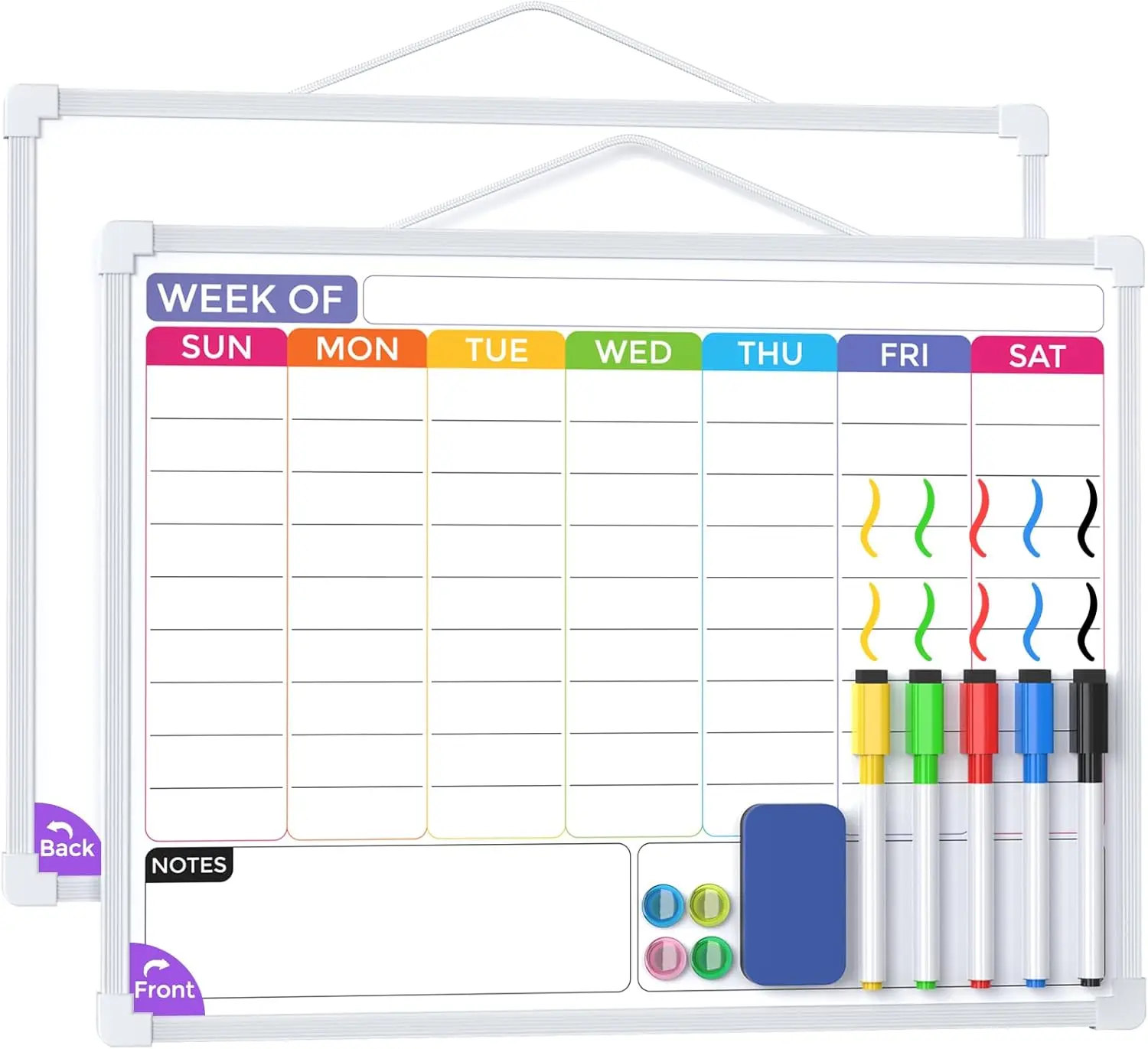 MaxGear Weekly Dry Erase Classroom Calendar Board - 16in x 12in Small Hanging Double-Sided Visual Schedule Whiteboard, Lightweight, Easy to Write & Clean, with 5 Markers, 4 Magnets for Teachers, Wall Calendar Planner