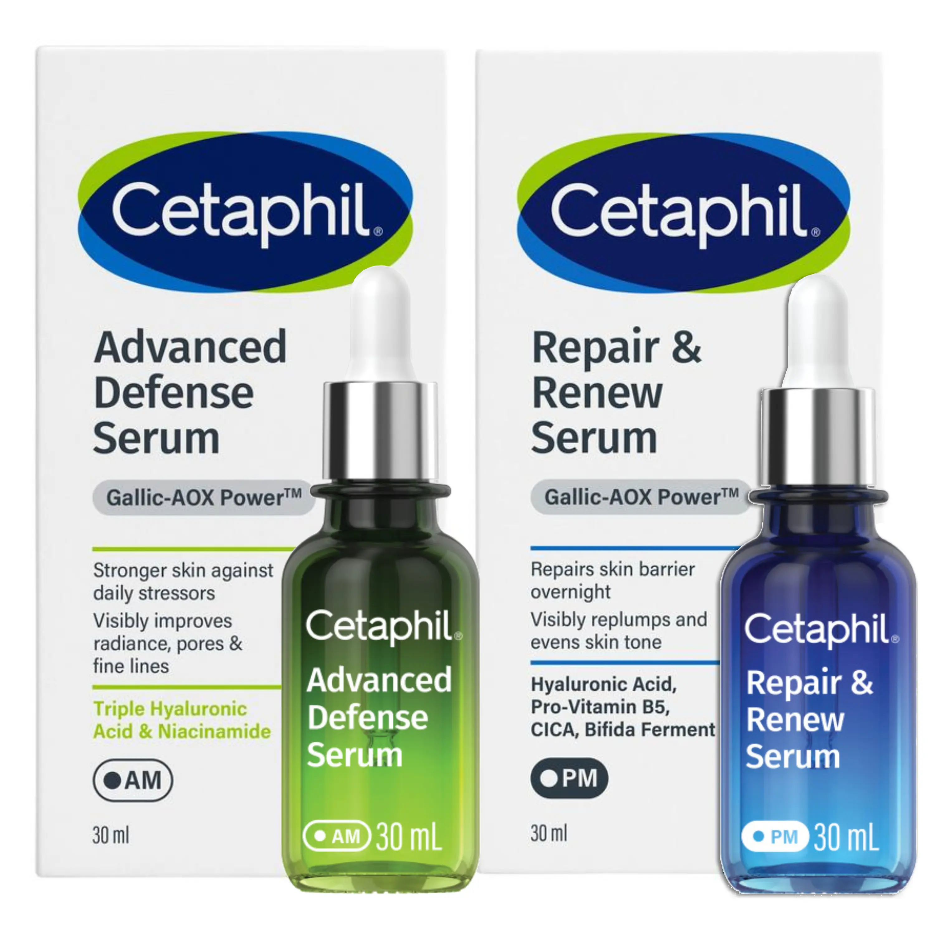 Cetaphil Sensitive Skin Serums with Hyaluronic Acid  - Daily Defense Serum and Repair & Renew Serum | Cica, Niacinamide, Redness