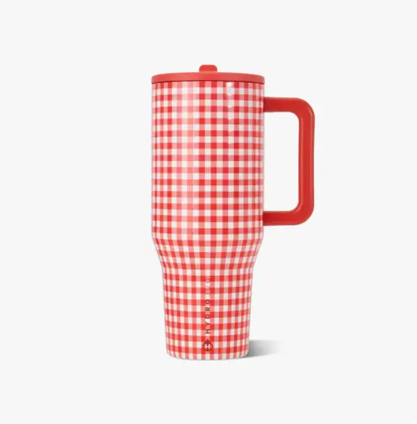 HydroJug 40 oz Red & White Plaid Vacuum-Insulated Stainless Steel Travel Tumbler — 100% leakproof and splashproof, includes handle and straw, compatible with car cup holders, perfect for fitness use
