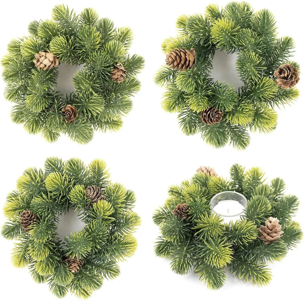4 Pack Small Christmas Wreath, Mini Wreaths with Pine Needles and Pine Cones, Artificial Ring Wreaths Hanging Decoration Garlands for Home Table Kitchen Window Chair Wall Front Door, Plastic Hanging Decor, Christmas Decorations