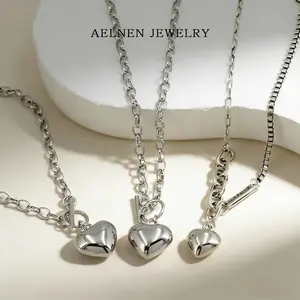 AELNEN Silver-Tone Heart Charm Jewelry Set - Stackable Chain Necklace/Bracelet/Anklet Set - Minimalist Romantic Daily Jewelry - Gift for Her