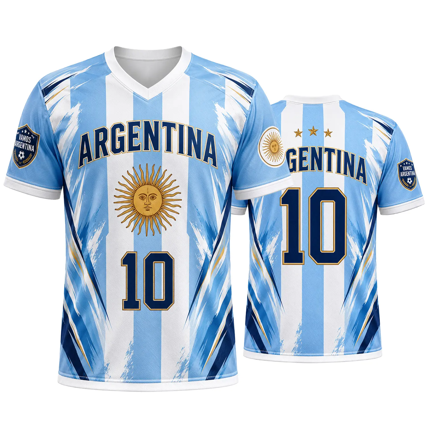 Unisex Argentina V-Neck Short-Sleeve Graphic Tees, Sky Blue White Sun of May Football Fashion Shirt with 3 Stars, Number 10 & Vamos Argentina Sleeve Patches, Sporty Chic, Watch Party