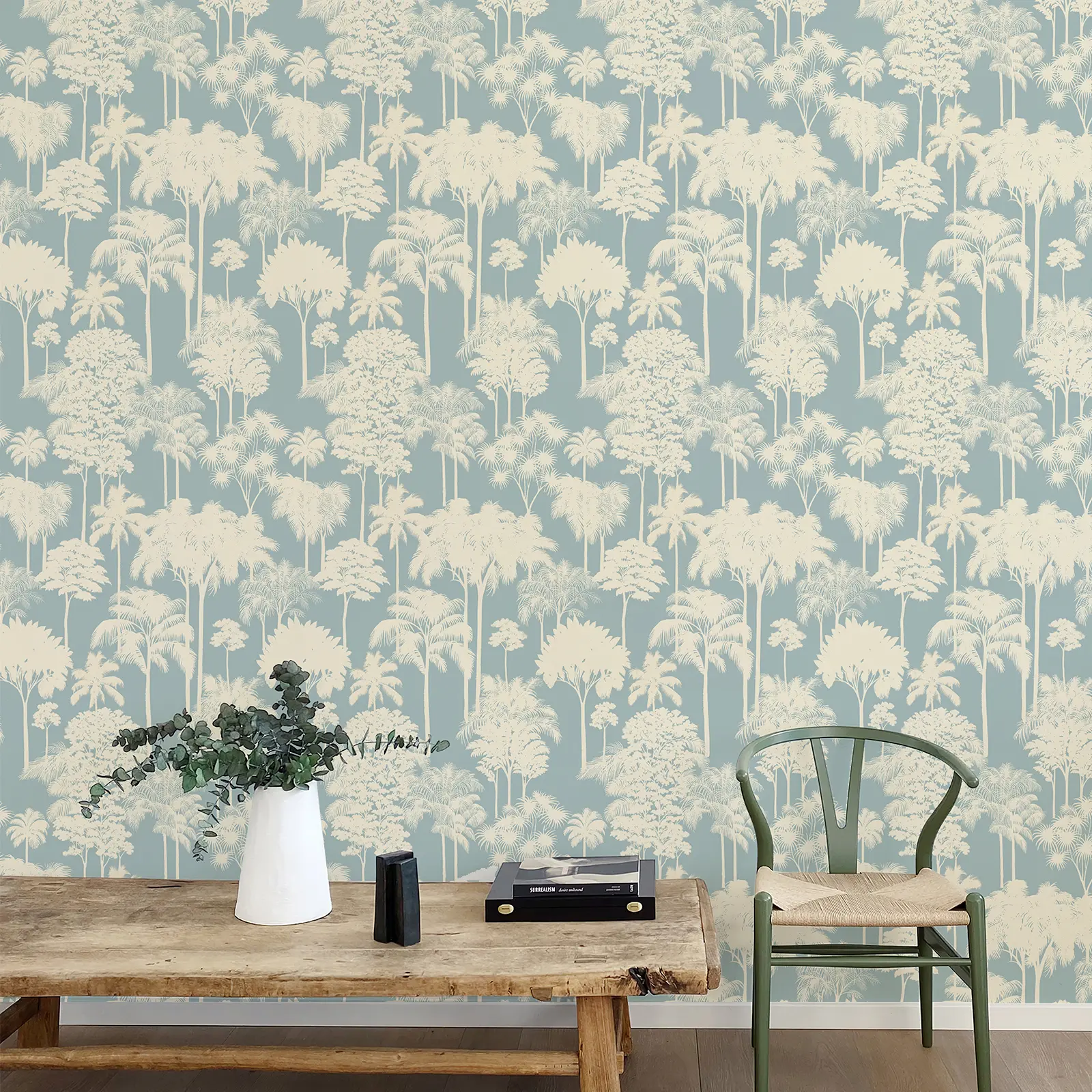 JIFFDIFF  Blue Palm Silhouette Peel and Stick Wallpaper, Removable Self Adhesive Cream Botanical Wall Paper for Bedroom Bathroom Closet Cabinet Decor