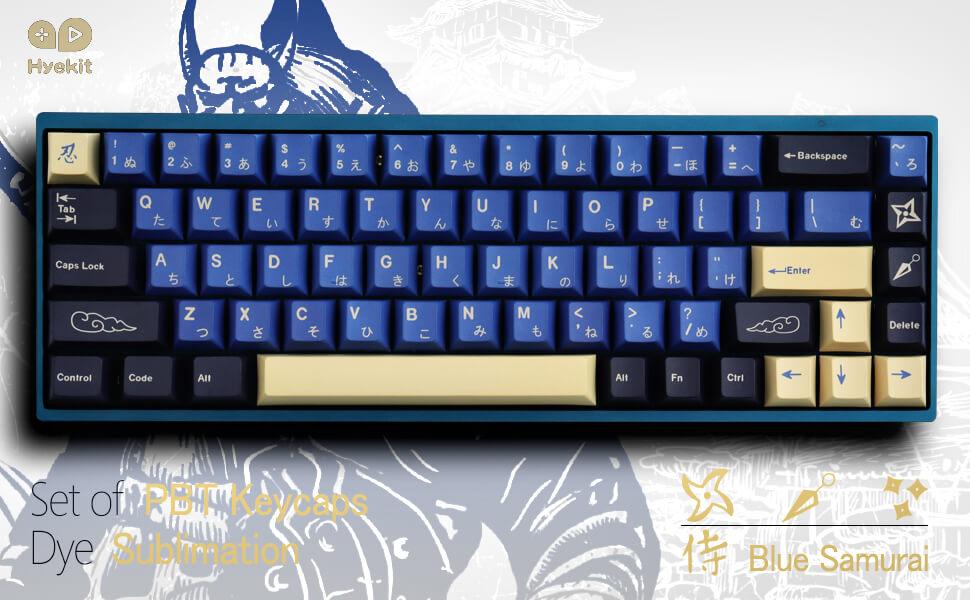 PBT Keycaps 119 Keys Blue Samurai Keycaps Dye-Sublimation Ninja PBT Keycap Set Cherry Profile Custom Keycaps for Cherry Gateron MX Switches Mechanical Keyboards US Layout