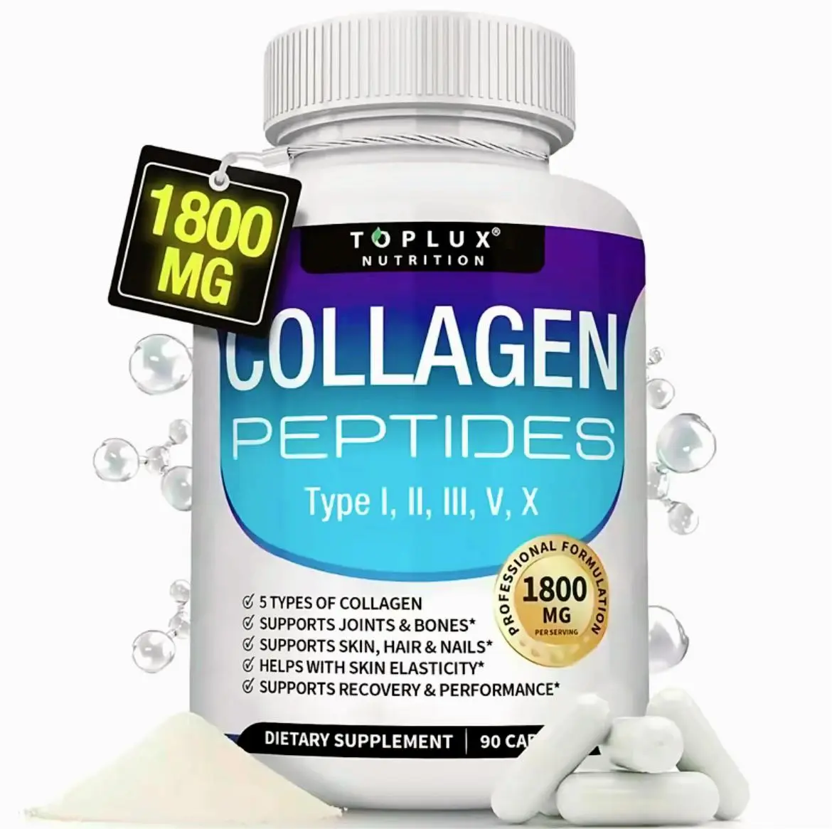1800 mg Collagen Peptides 5 Complex HealthBeauty Fitness Dietary Supplement 90 Capsules Bottled in USA Edible Healthcare Colagen