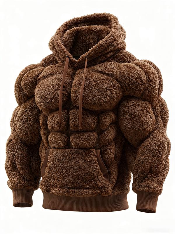 Men's Muscle Hoodie-Plush Fleece Sweatshirt for Outdoor,2D Street Style Muscle Line Fuzzy Cotton Blend Hoodie