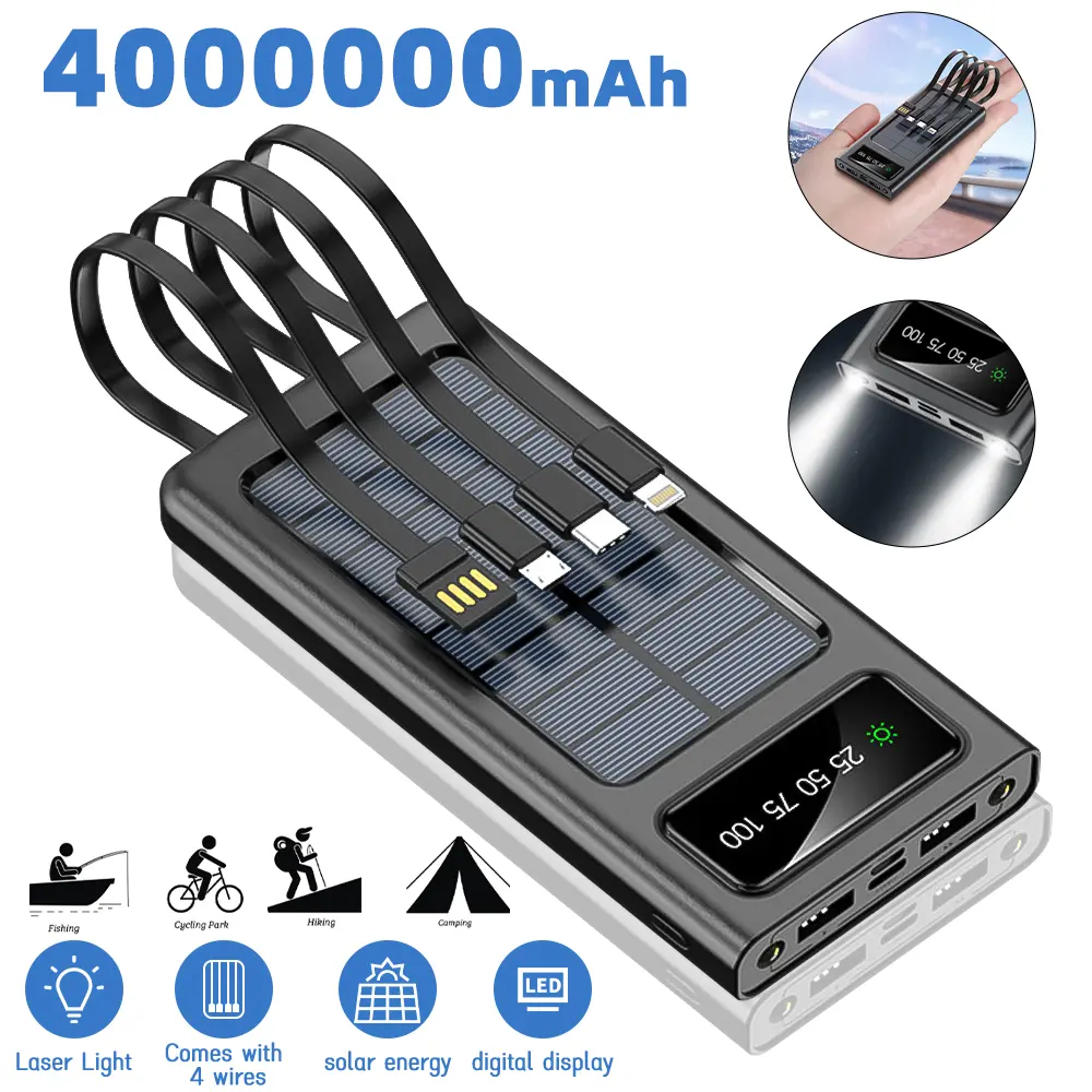 40000mAh Lithium Storage Solar Power Bank, Portable Silicon Solar Charger with 3 Outputs, 1 Micro Input Cable, Button-Controlled Flashlight & 5V2.1A Fast Charging for Smart Phones & Devices, Compact