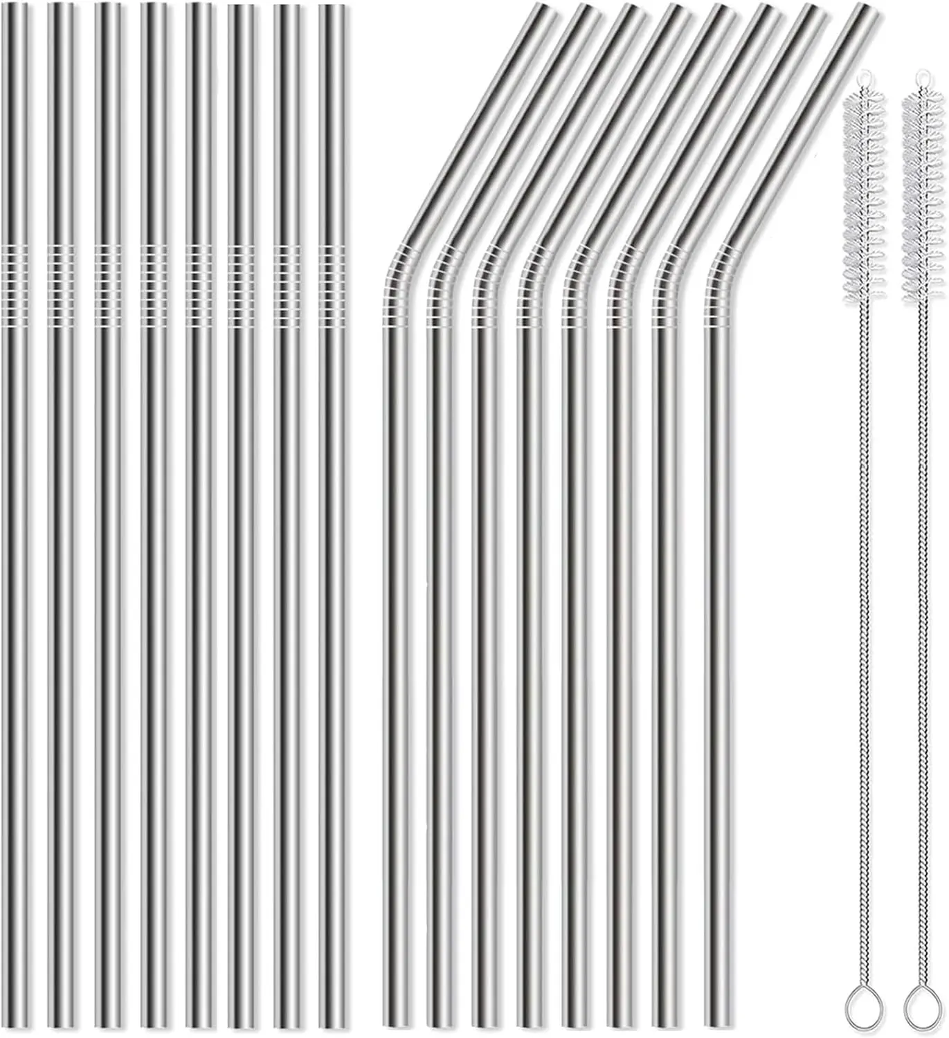16-Pack Reusable Stainless Steel Metal Straws Set - 8 Straight, 8 Bent 8.5in Beverage Bar Utensils, 2 Cleaning Brushes Included, Dishwasher Safe Home Bar Accessories