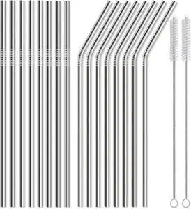 16 Pack of Reusable Stainless Steel Metal Straws, 8 Straight + 8 Bent 8.5 Inch Metal Straws with 2 Cleaning Brushes Dishwasher Safe
